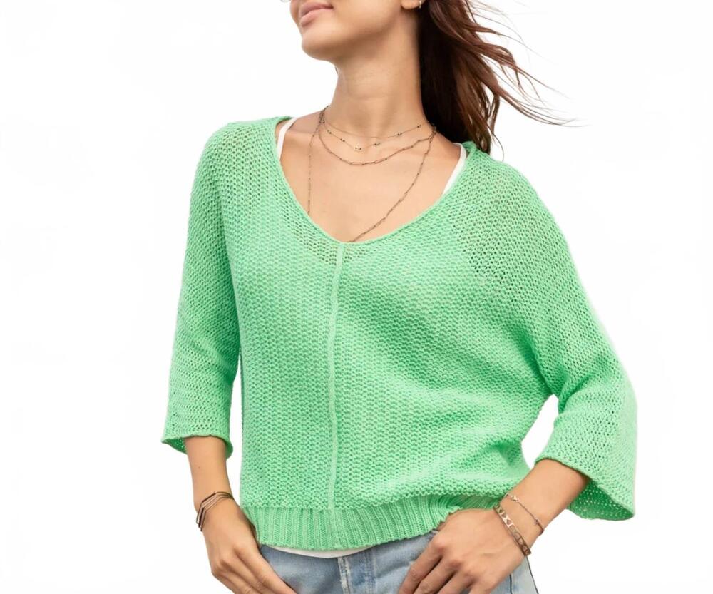 NEW WOODEN SHIPS kaya 3/4 sleeve v cotton sweater in verdigris